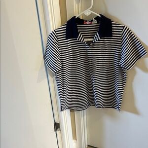 Striped Navy & White Cropped Polo Top